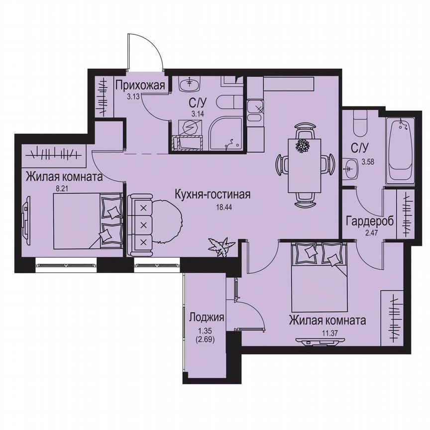 2-к. квартира, 51,7 м², 3/9 эт.