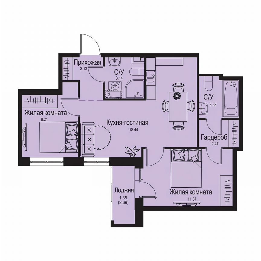 2-к. квартира, 51,7 м², 3/9 эт.