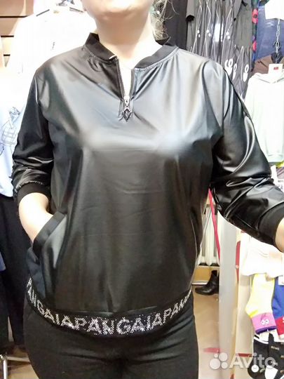 Бомбер,блуза из экокожи, стразы, 54