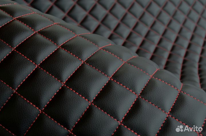 Стеганая экокожа черная нитка красная рис. квадрат