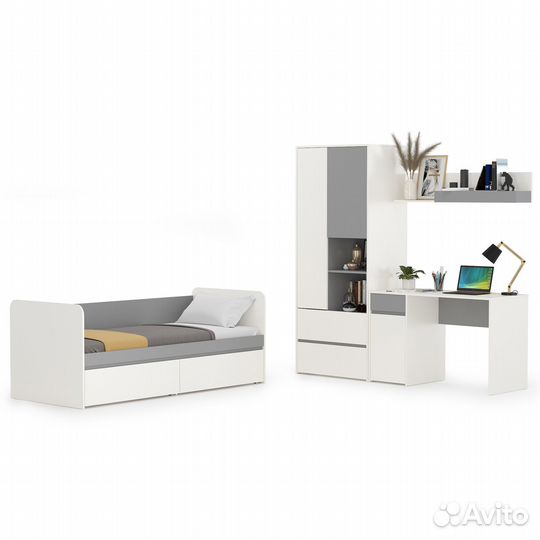 Молодёжная мебель в детскую комнату Торонто, цвет белый шагрень/стальной серый, спальное место 800х1