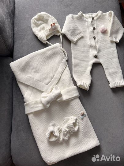 Вязаный комбинезон, комплект, конверт на выписку
