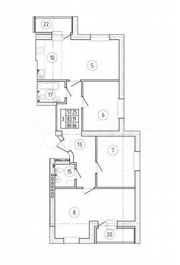 3-к. квартира, 88,9 м², 5/5 эт.