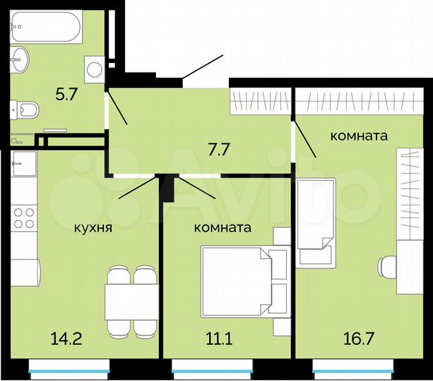 2-к. квартира, 55,4 м², 11/25 эт.
