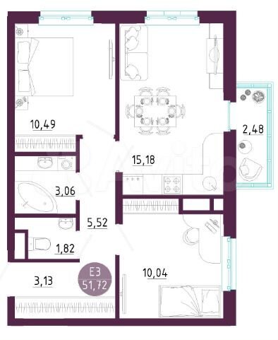 3-к. квартира, 51,7 м², 10/10 эт.