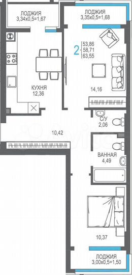 2-к. квартира, 58,7 м², 1/8 эт.