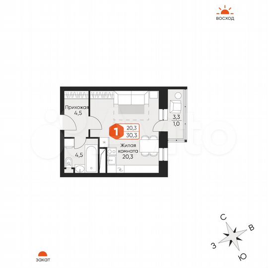 Квартира-студия, 30,3 м², 7/17 эт.