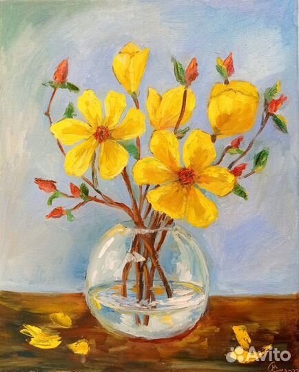 Букет цветов, жёлтые магнолии маслом на холсте