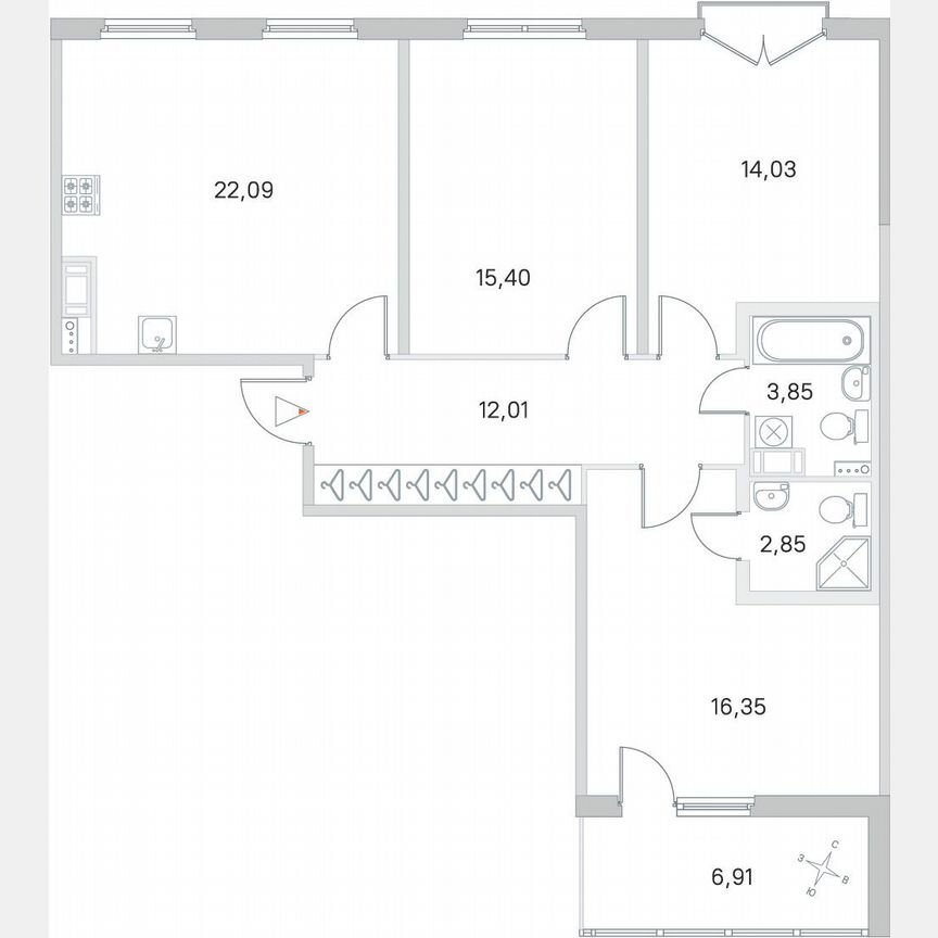 3-к. квартира, 90 м², 3/4 эт.