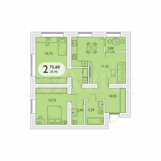 2-к. квартира, 75,6 м², 8/15 эт.