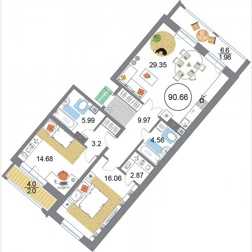 2-к. квартира, 90,7 м², 7/12 эт.