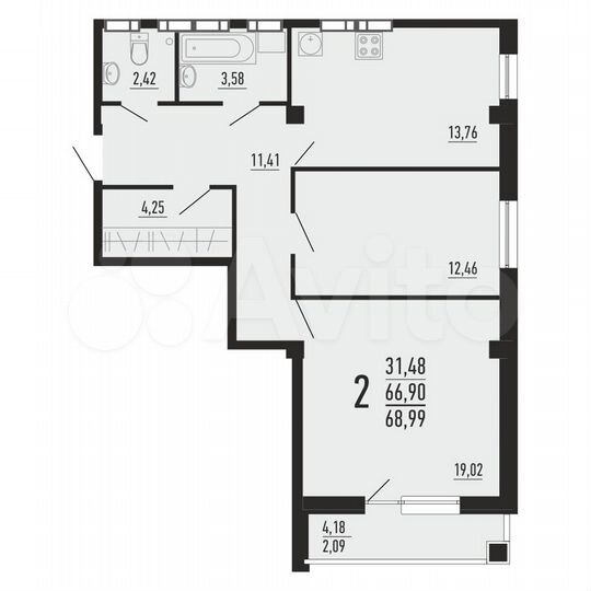 2-к. квартира, 69 м², 10/16 эт.