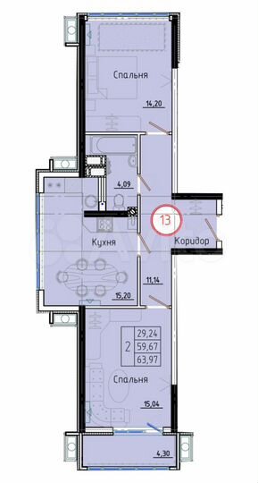 2-к. квартира, 64 м², 3/8 эт.
