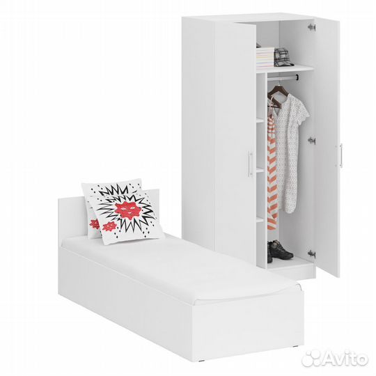 Кровать белая односпальная 800 со шкафом для одежды 2-х створчатым Стандарт, цвет белый, спальное ме
