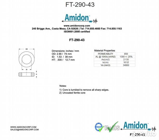 Amidon FT-290-43, FT-240-43, FT-140-43