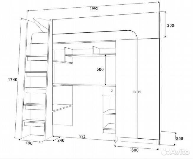 Кровать чердак со столом и шкафом Сонома