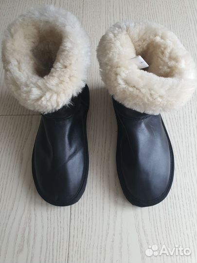Угги сапоги кожаные черные овчина натуральная