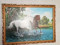 Картина маслом на холсте "Лошади" в багетной раме