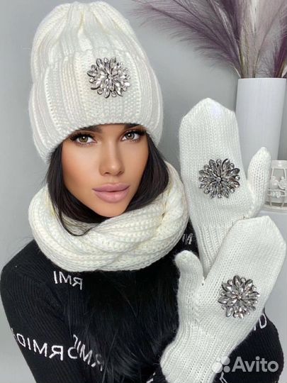 Женская Шапка снуд варежки комплект 3 в 1