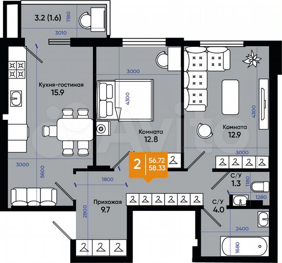 2-к. квартира, 58,3 м², 2/9 эт.