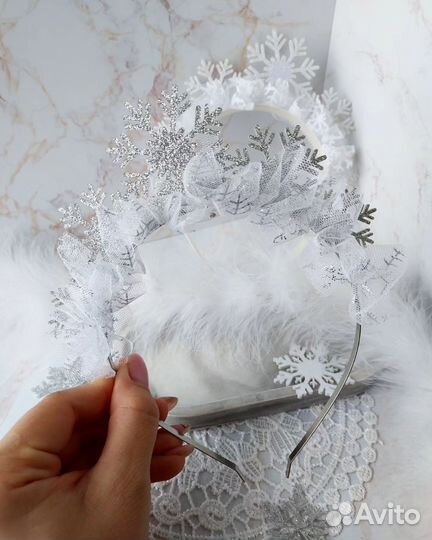Ободок снежинка, новогодние бантики
