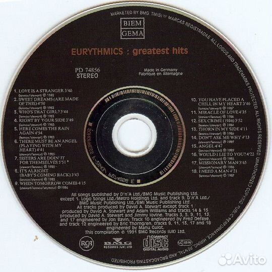 Eurythmics - Greatest Hits/ CDJewel Case/Booklet