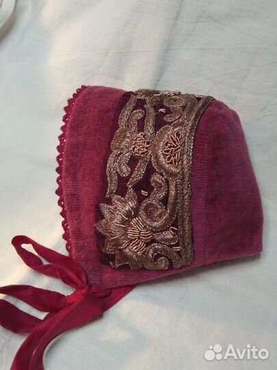 Бархатный бонет для антикварной куклы. ог 24см