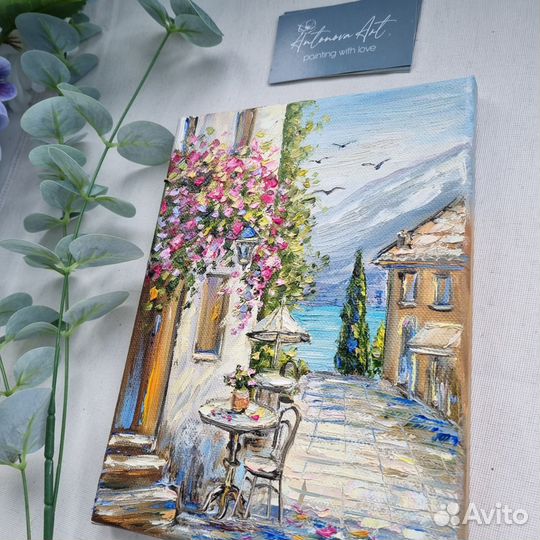 Картина маслом пейзаж средиземноморье море цветы