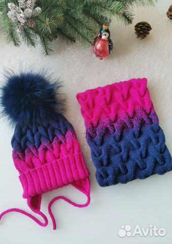Шапка с помпоном и снуд ручной вязки