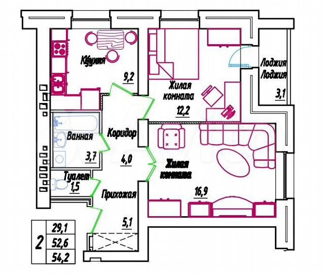 2-к. квартира, 54,2 м², 3/9 эт.