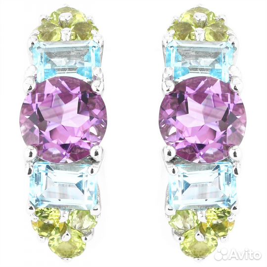 Серьги серебро аметист, топаз, перидот С406