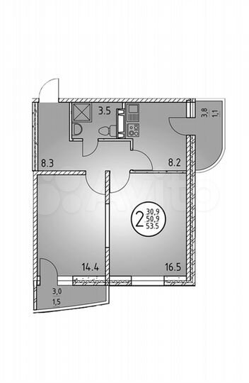 2-к. квартира, 53,5 м², 6/25 эт.