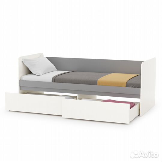 Кровать с ящиками Торонто, цвет белый шагрень/стальной серый, шхгхв 194х84,4х75,4 см., сп. м. 800х19