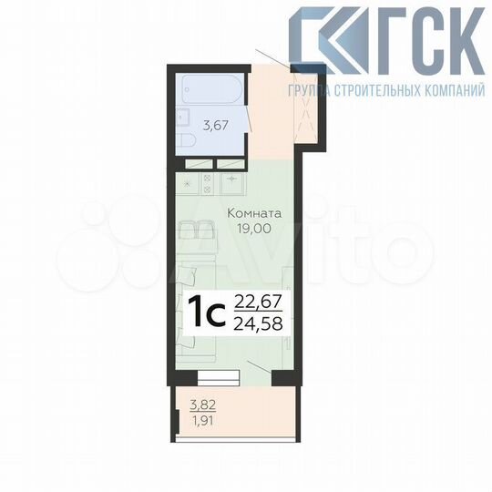Квартира-студия, 24,6 м², 8/21 эт.