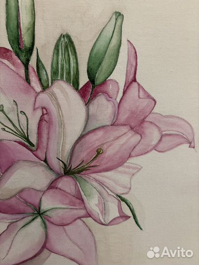 Картина ручной работы акварель Букет лилий 40х60