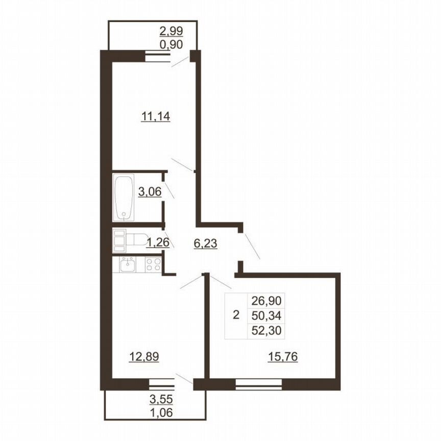 2-к. квартира, 52,3 м², 5/6 эт.