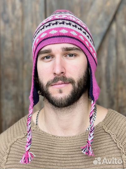 Мужская шапка двусторонняя с ушками зимняя Чульо 100% альпака цвет росадо-фуксия