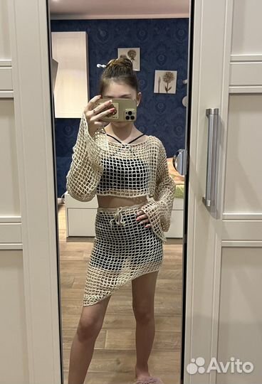 Летний сеточный костюм, кофта-сетка и юбка