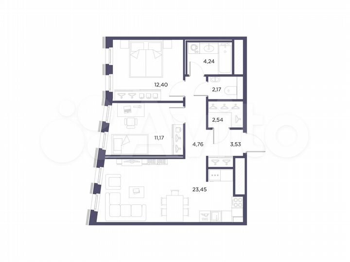 2-к. квартира, 64,3 м², 2/10 эт.