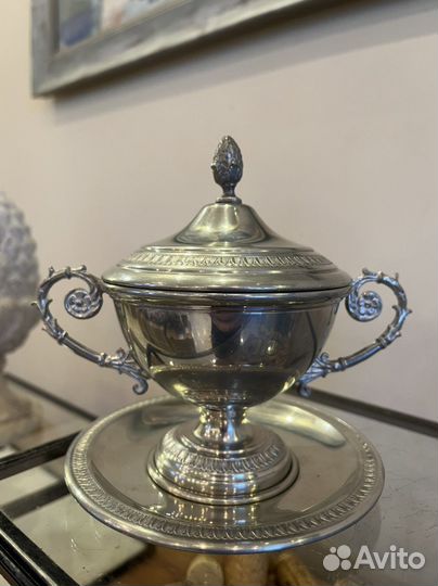 Антикварная пара демитас. Олово/фарфор