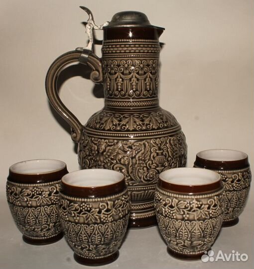 Антикварный Немецкий Кувшин и 4 бокала. Модерн