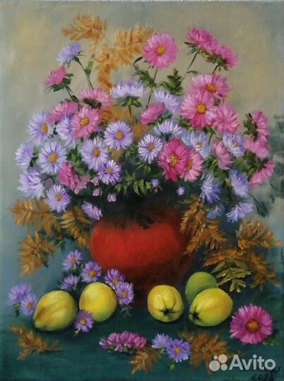 Цветы сентябринки и желтые груши. Масло/холст50х40
