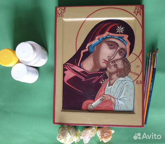 Рукописная икона Богородица Умиление 21 на 28