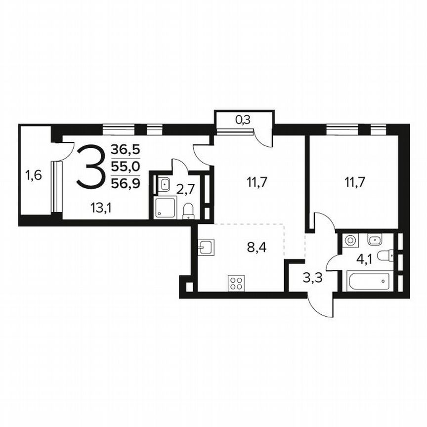 3-к. квартира, 56,9 м², 13/14 эт.