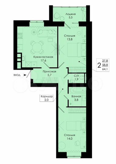 2-к. квартира, 64,1 м², 6/10 эт.