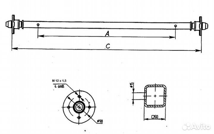 Ось для прицепа рессорная 1300 кг мзса 81772В.101