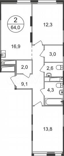 2-к. квартира, 64 м², 14/19 эт.