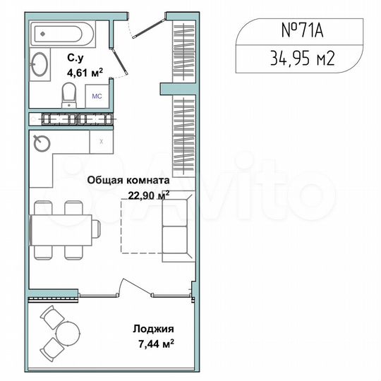 1-к. апартаменты, 35 м², 2/5 эт.
