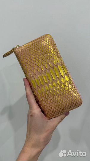 Кошелек розовый с золотом. Кожа питона. 20х10