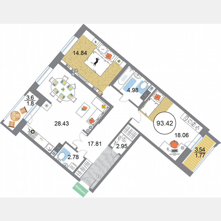 2-к. квартира, 93,4 м², 12/12 эт.